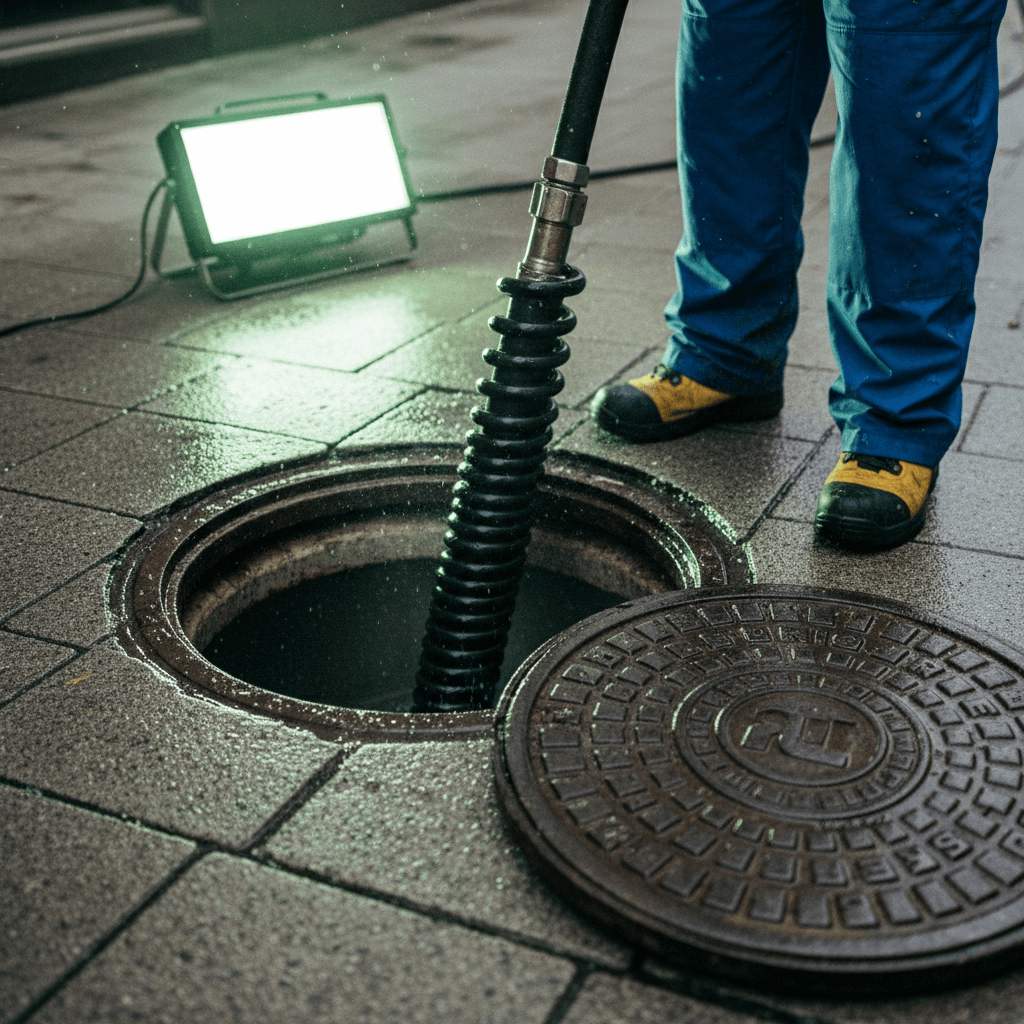Hochdruckdüse wird in einen Revisionsschacht geführt, Wassernebel steigt aus der Öffnung auf