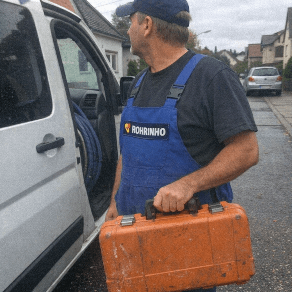 Monteur steht im Treppenhaus eines Mehrfamilienhauses neben Einsatzkoffer und prüft einen Spiralschacht, bevor er zur Wohnung geht