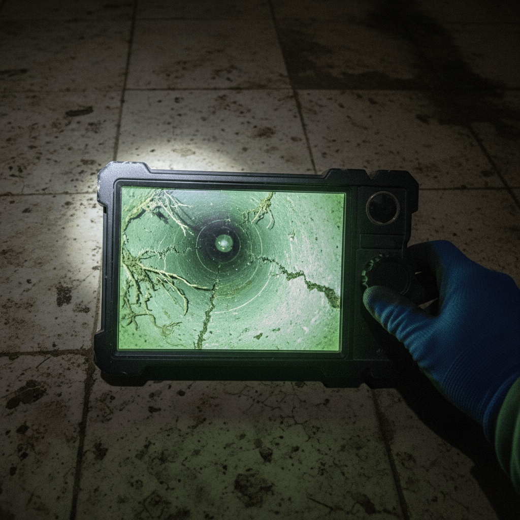 Auf einem Monitor ist die Innenansicht eines Rohres mit Markierung der Schadstelle zu sehen, daneben hält ein Techniker den Kamerakopf