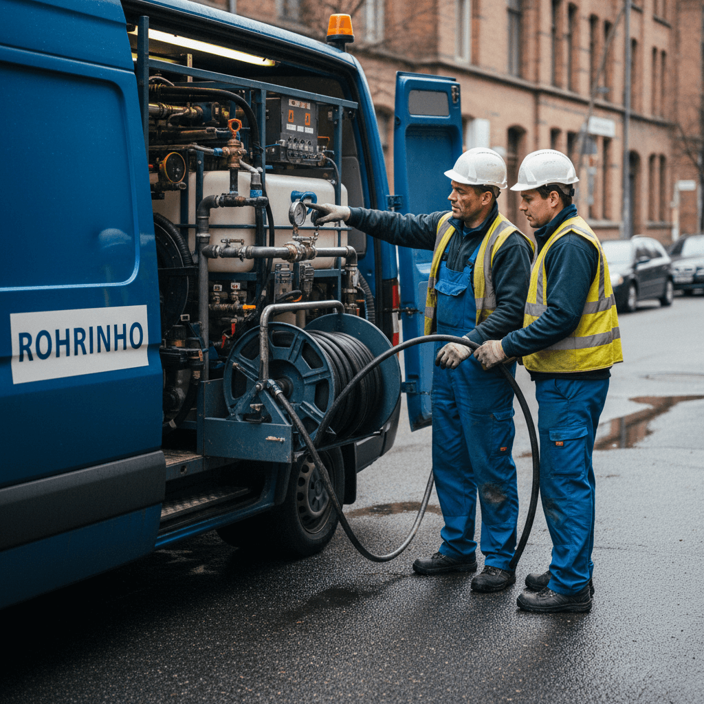 Zwei Techniker reinigen nach dem Einsatz eine Hochdruckpumpe im Transporter und verstauen Schläuche in Halterungen